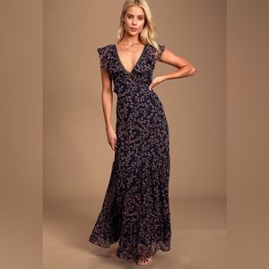 Lulus Navy Blue Floral Print Ruffled Maxi Dress